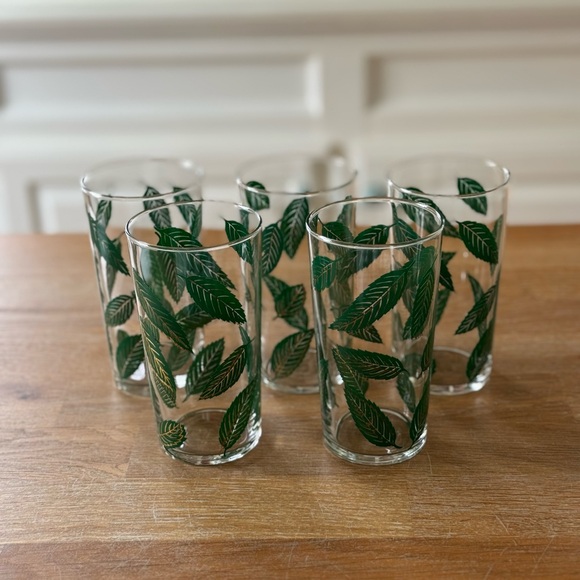 Vintage Libbey MCM Green & Gold Leaf Highball TumblersSet of 5HTF